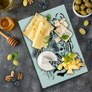 Tattoo Cutting Board, Head of Magnificent Rare White Albino Tiger with Ocean Blue Eyes Image, Decorative Tempered Glass Cutting and Serving Board, Small Size, White Black and Blue, by Ambesonne