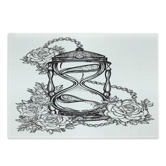 Tattoo Cutting Board, Pencil Drawing Romantic Theme Hourglass of Eternal Love with Roses Print, Decorative Tempered Glass Cutting and Serving Board, Large Size, Black and White, by Ambesonne