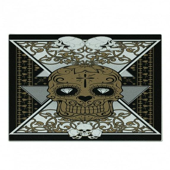 Tattoo Cutting Board, Skull Diamond Eyes and Floral Theme Vine Art Shape Renaissance Inspired, Decorative Tempered Glass Cutting and Serving Board, Small Size, Brown and Black, by Ambesonne