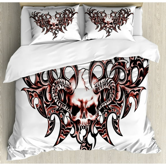 Tattoo Decor King Size Duvet Cover Set, Combined Hearts with Skull Eagle Wings Symbol of the Brave Love Print, Decorative 3 Piece Bedding Set with 2 Pillow Shams, Black White and Red, by Ambesonne