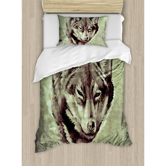 Tattoo Duvet Cover Set, Head of Wolf the Fierce Warrior Big Dog of the Forest Winter Season Theme Image, Decorative 2 Piece Bedding Set with 1 Pillow Shams, Twin Size, White and Black, by Ambesonne