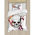 thumbnail image 1 of Tattoo Decor Twin Size Duvet Cover Set, Scary Fierce and Wild Skull with Red Flames Tribal Artistic Tattoo Image, Decorative 2 Piece Bedding Set with 1 Pillow Sham, Red and White, by Ambesonne, 1 of 3