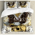 thumbnail image 1 of Tattoo Duvet Cover Set, American Eagle Wings Wide Open Top of Skull Carrying Brick Wall with Eye Print, Decorative 3 Piece Bedding Set with 2 Pillow Shams, King Size, Brown and White, by Ambesonne, 1 of 3