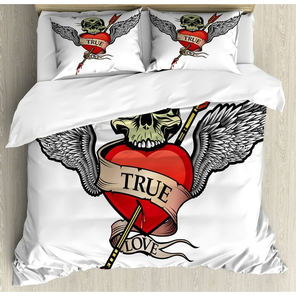 Tattoo Duvet Cover Set, Angel Wings Skull and Heart Full of Blood Real Love Image, Decorative 3 Piece Bedding Set with 2 Pillow Shams, Queen Size, Red White and Black, by Ambesonne
