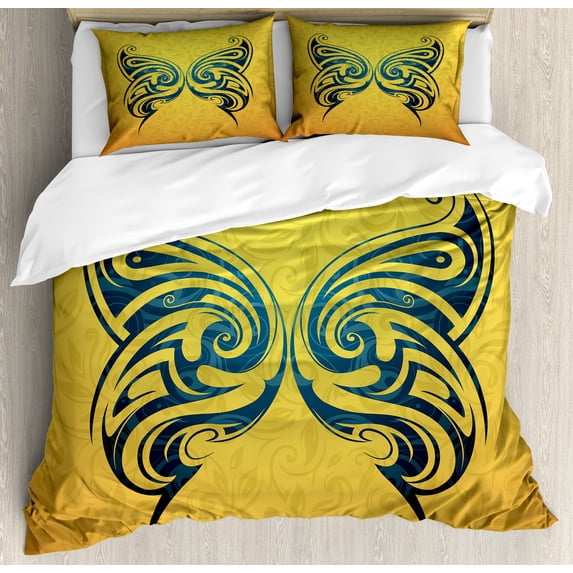 Tattoo Duvet Cover Set, Blue Colored Tribal Designed Free Butterfly of and Freedom Art Print, Decorative 3 Piece Bedding Set with 2 Pillow Shams, Calking Size, Blue and Yellow, by Ambesonne
