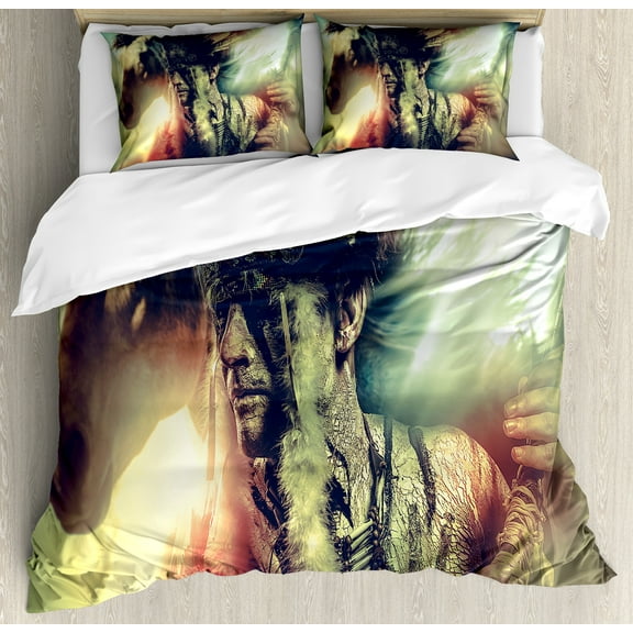 Tattoo Duvet Cover Set, Brave Warrior Chief of Tribe with Noble White Horse Photo Print, Decorative 3 Piece Bedding Set with 2 Pillow Shams, King Size, Black and White, by Ambesonne