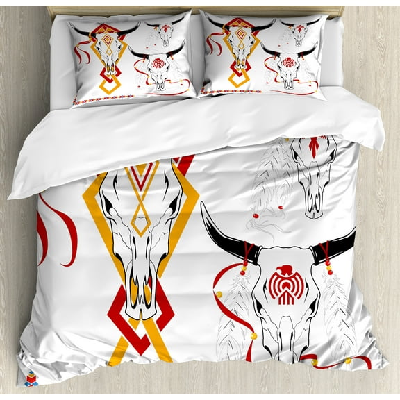 Tattoo Duvet Cover Set, Bulls Head with Feather of Bird as Accessory with Tribal Designers Print, Decorative 3 Piece Bedding Set with 2 Pillow Shams, Queen Size, Red Yellow and White, by Ambesonne