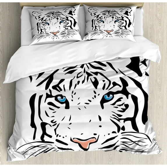 Tattoo Duvet Cover Set, Head of Magnificent Rare White Albino Tiger with Ocean Blue Eyes Image, Decorative 3 Piece Bedding Set with 2 Pillow Shams, Calking Size, White Black and Blue, by Ambesonne