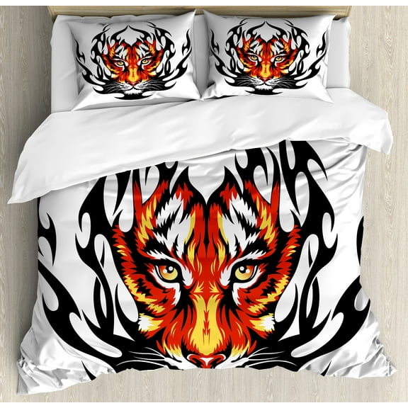 Tattoo Duvet Cover Set, Jungle Prince Tigers Head in Black Frame Looking with Cat Eyes Hunting Print, Decorative 3 Piece Bedding Set with 2 Pillow Shams, Queen Size, Orange and Black, by Ambesonne