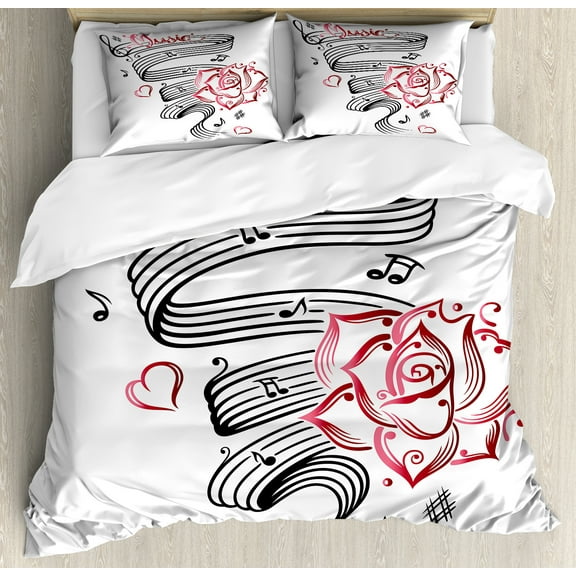 Tattoo Duvet Cover Set, Language of Love Musical Note Inspiration on Music Sheet with Rose Hearts, Decorative 3 Piece Bedding Set with 2 Pillow Shams, Calking Size, White Black and Pink, by Ambesonne