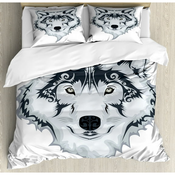 Tattoo Duvet Cover Set, Majestic Beast Creature Head of a Wild Wolf Tribal Tattoo Design Art Print, Decorative 3 Piece Bedding Set with 2 Pillow Shams, King Size, White and Black, by Ambesonne