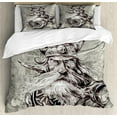 thumbnail image 1 of Tattoo Duvet Cover Set, Pencil Drawing of a Brave Viking Warrior Armour Image Adventure, Decorative 3 Piece Bedding Set with 2 Pillow Shams, Calking Size, Grey and White, by Ambesonne, 1 of 3