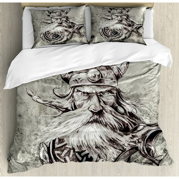 Tattoo Duvet Cover Set, Pencil Drawing of a Brave Viking Warrior Armour Image Adventure, Decorative 3 Piece Bedding Set with 2 Pillow Shams, King Size, Grey and White, by Ambesonne