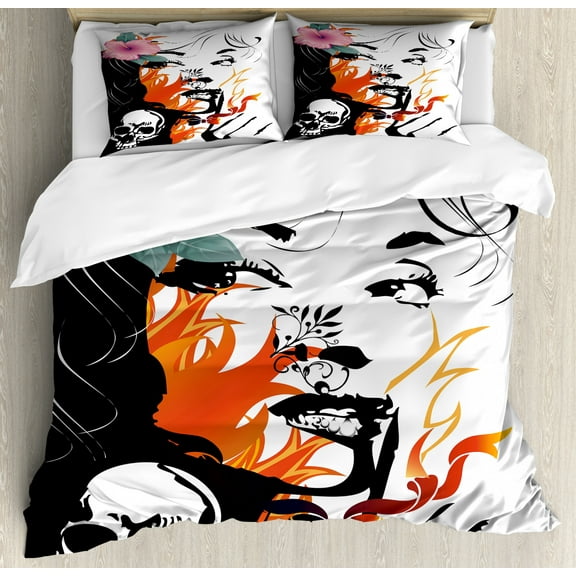 Tattoo Duvet Cover Set Queen Size, Attractive Women with Pink Flower in her Hair near a Skull Design, Decorative 3 Piece Bedding Set with 2 Pillow Shams, Orange Pink Black and White, by Ambesonne