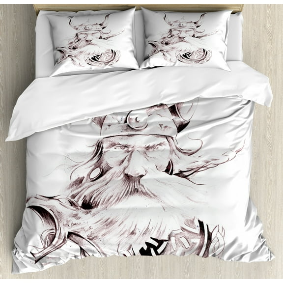 Tattoo Duvet Cover Set, Wise Old and Brave Viking Warrior His Long White Beard Armour Print, Decorative 3 Piece Bedding Set with 2 Pillow Shams, Queen Size, Dried Rose White, by Ambesonne