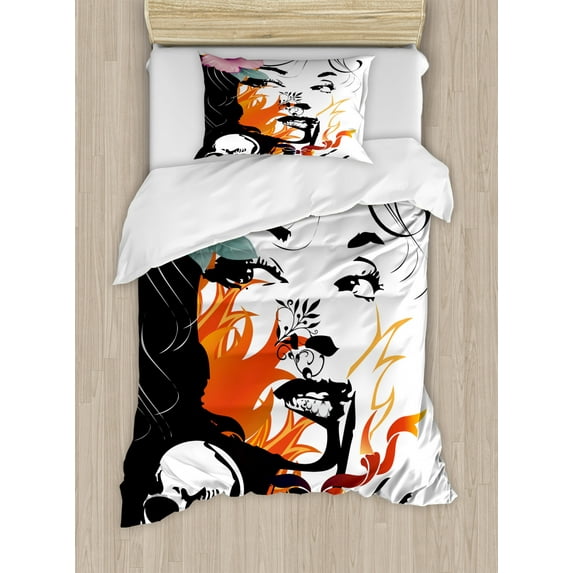Tattoo Duvet Cover Set Twin Size, Attractive Women with Pink Flower in her Hair near a Skull Design, Decorative 2 Piece Bedding Set with 1 Pillow Sham, Orange Pink Black and White, by Ambesonne