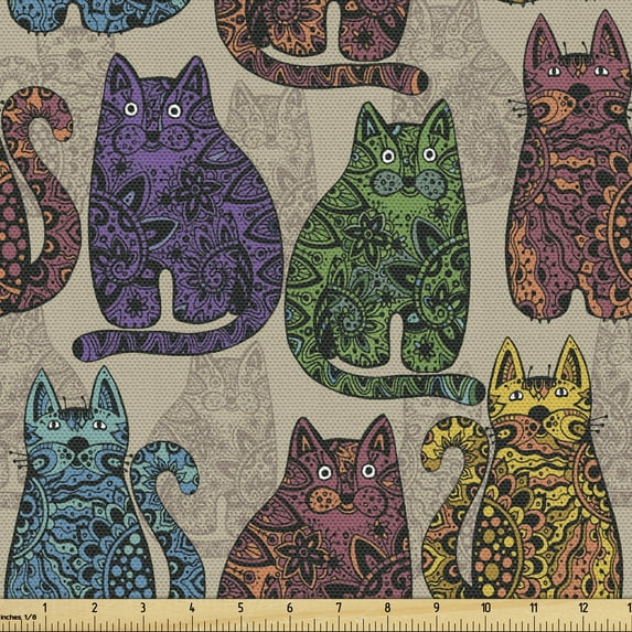 Ambesonne Tattoo Fabric by the Yard Upholstery, Colorful Cats, 5 Yards, Multicolor