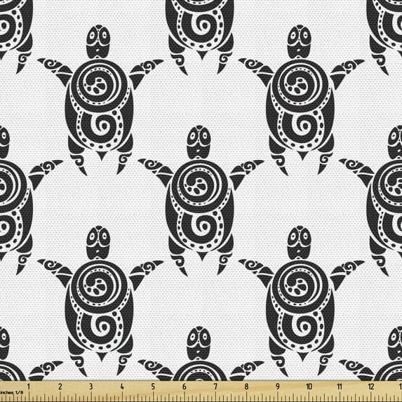 Ambesonne Tattoo Fabric by the Yard Upholstery, Maori Turtles Art, 2 Yards, Black White