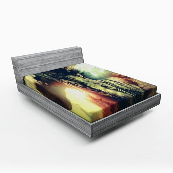 Tattoo Fitted Sheet, Brave Warrior Chief of Tribe with Noble White Horse Photo Print, Soft Decorative Fabric Bedding, Full Size, Black and White, by Ambesonne