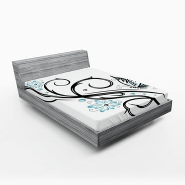 Tattoo Fitted Sheet, Leaf Like Design Flowers and a Flying Butterfly Image Illustration Print, Decorative Soft Bedding All-round Elastic Pocket, California King, Blue Black and White, by Ambesonne