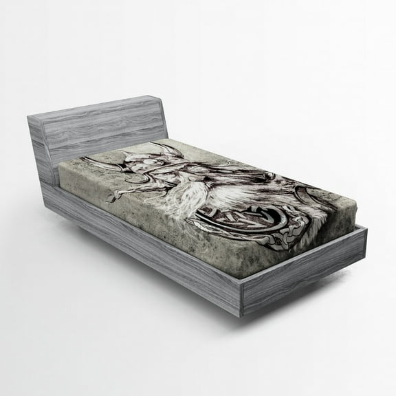 Tattoo Fitted Sheet, Pencil Drawing of a Brave Viking Warrior with Armour Image Adventure, Soft Decorative Fabric Bedding, Twin Size, Grey and White, by Ambesonne