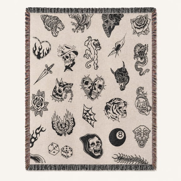 Tattoo Flash Style Woven Cotton Throw Blanket with Fringe, Black Ivory Wall or Sofa Decor