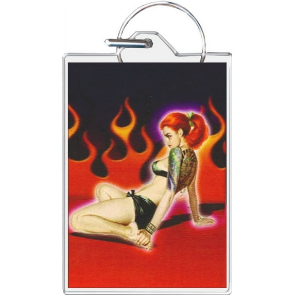 Tattoo Girl With Flames Keychain