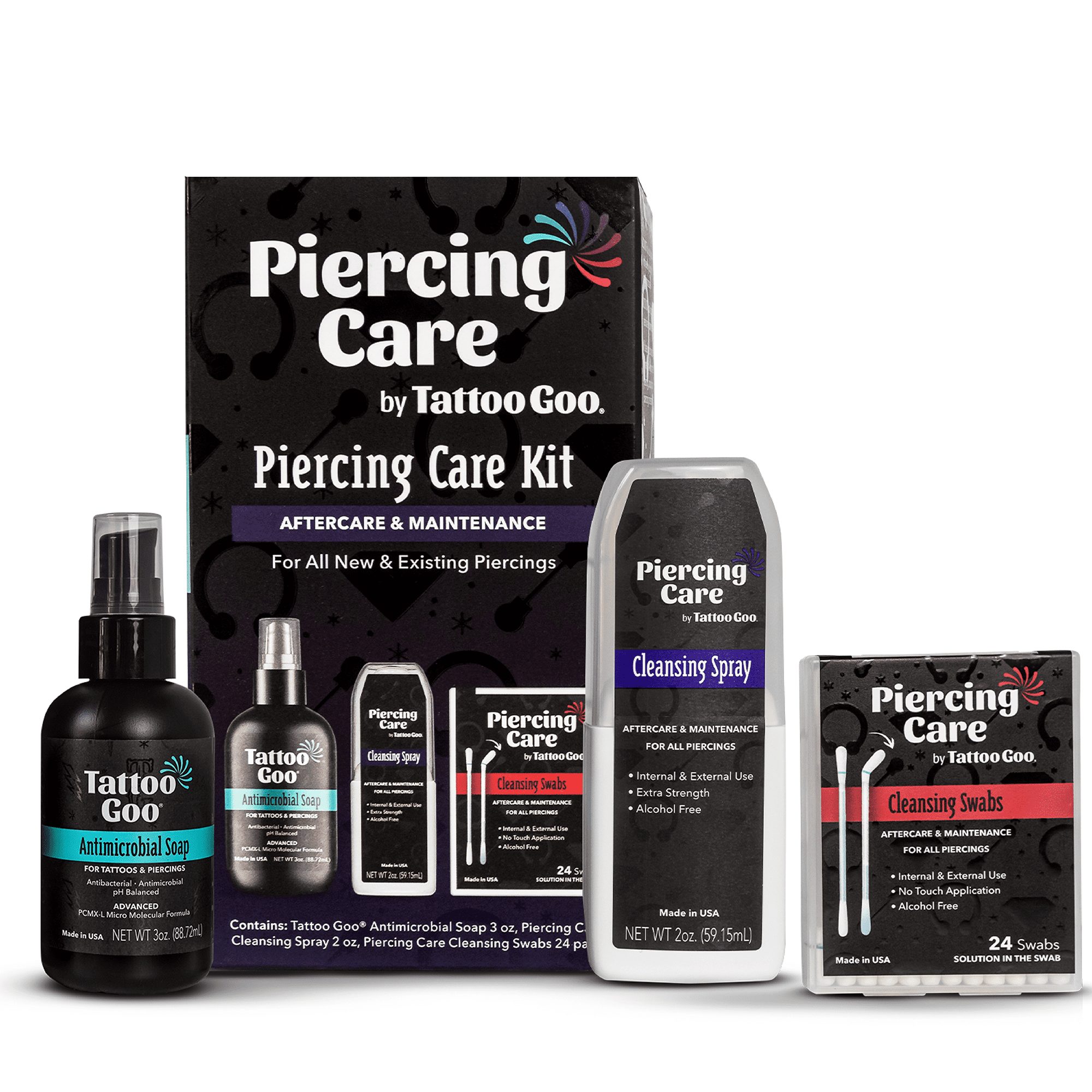 Tattoo Goo Piercing After Care Kit with cleansing swabs and spray and antibacterial soap