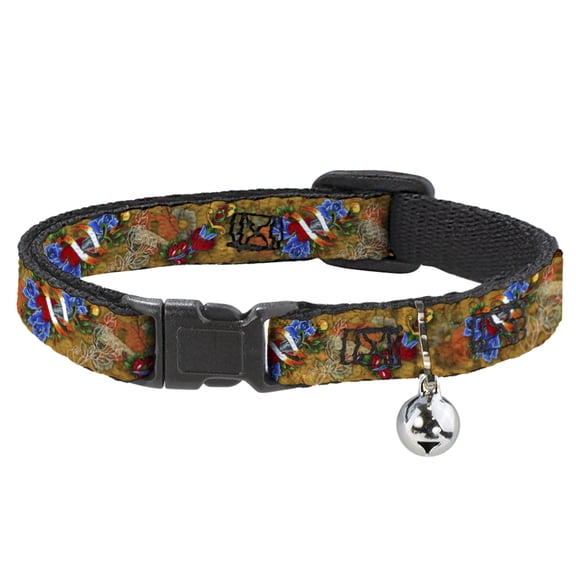 Tattoo Johnny Breakaway Cat Collar With Bell, Plastic Clip, Easy Adjustable, Tattoo Johnny Hearts Roses, 8.5 to 12 Inches 0.5 Inch Wide