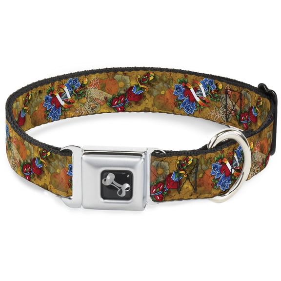 Tattoo Johnny Pet Collar, Dog Collar Metal Seatbelt Buckle, Tattoo Johnny Hearts Roses, 13 to 17 Inches 1.5 Inch Wide