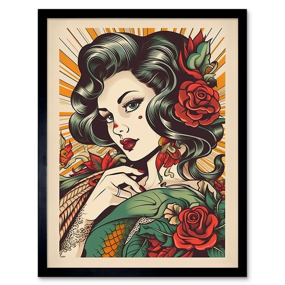 Tattoo Pin Up Girl Roses Rockabilly Americana 50s Art Print Framed Poster Wall Decor 12x16 inch
