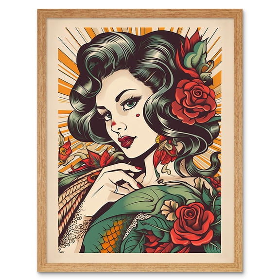 Tattoo Pin Up Girl Roses Rockabilly Americana 50s Art Print Framed Poster Wall Decor 12x16 inch