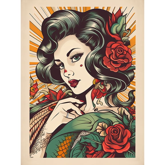 Tattoo Pin Up Girl Roses Rockabilly Americana 50s Unframed Wall Art Print Poster Home Decor Premium