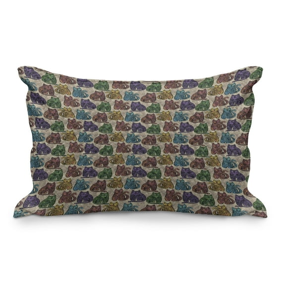 Tattoo Quilted Pillowcover, Colorful Vintage Cat Animal with Mandala Inspired Floral Motifs, Standard King Size Accent Pillow Cover for Bedroom, 36" x 20", Multicolor, by Ambesonne