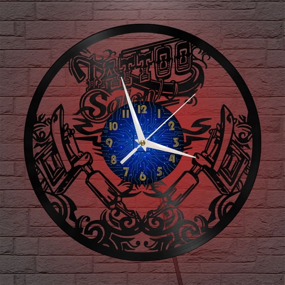Tattoo Salon 12 Inch Vinyl Record Wall Clock - Silent, Creative, and Unique Clock for Living Room, Entryway, or Bedroom Decor - Perfect Gift Idea(12 inchs B with LED)