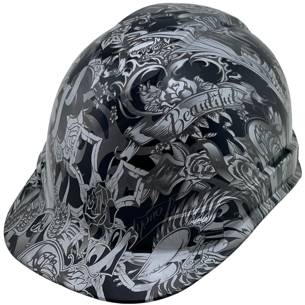 Tattoo Silver Hydro Dipped Hard Hats Cap Style with 4 Pt Suspension