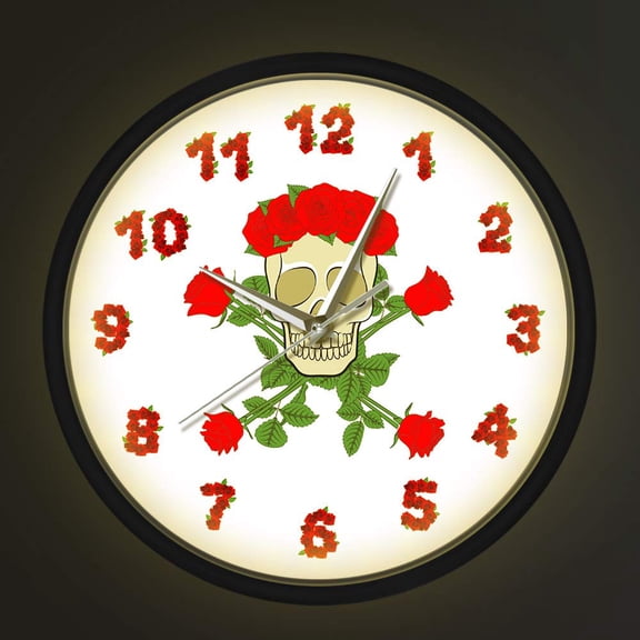 Tattoo Skull with Flower Rose Numbers Gothic Skeleton Wall Clock with Sound Control Night Light
