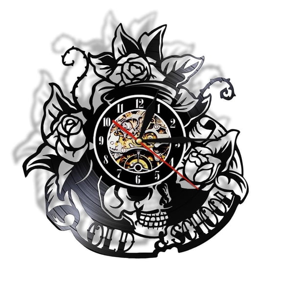 Tattoo Skull with Rose Vinyl Record Wall Clock Skeleton Skull Thorn Roses Silent Quartz Wall Watch Gothic Home Art Wall Decor Without LED
