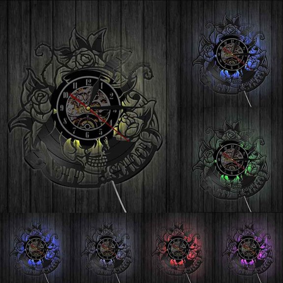 Tattoo Skull with Rose Vinyl Record Wall Clock Skeleton Skull Thorn Roses Silent Quartz Wall Watch Gothic Home Art Wall Decor