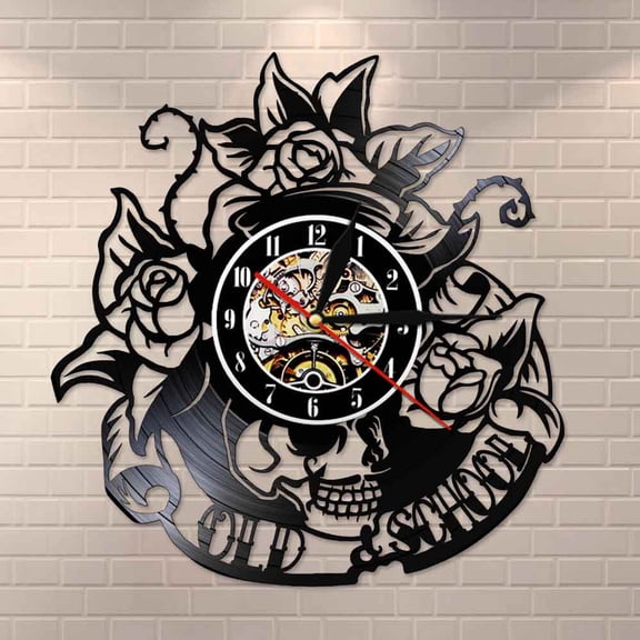 Tattoo Skull with Rose Vinyl Record Wall Clock Skeleton Skull Thorn Roses Silent Quartz Wall Watch Gothic Home Art Wall Decor