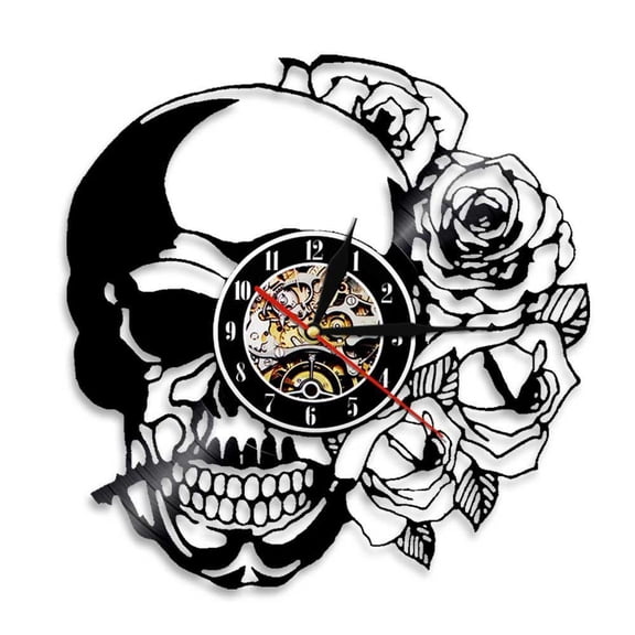 Tattoo Skull with Rose Wall Art Wall Clock Skeleton Skull Thorn Roses Vinyl Record Wall Clock Gothic Home Decor Wall Watch Clock Without LED