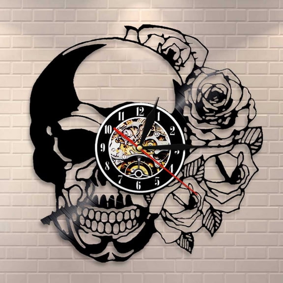 Tattoo Skull with Rose Wall Art Wall Clock Skeleton Skull Thorn Roses Vinyl Record Wall Clock Gothic Home Decor Wall Watch Clock