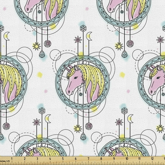 Ambesonne Tattoo Fabric by the Yard Upholstery, Pink Unicorns, 10 Yards, Turquoise Pale Pink