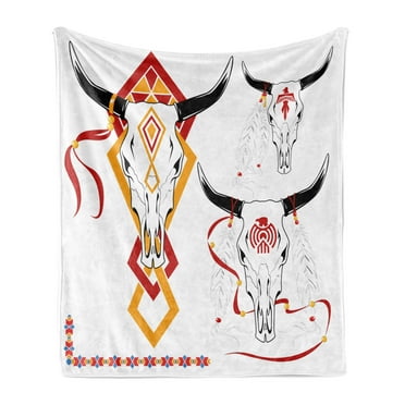 Tattoo Soft Flannel Fleece Blanket, Bulls Head with Feather of Bird as Accessory with Tribal Designers Print, Cozy Plush for Indoor and Outdoor Use, 50" x 60", Red Yellow and White, by Ambesonne