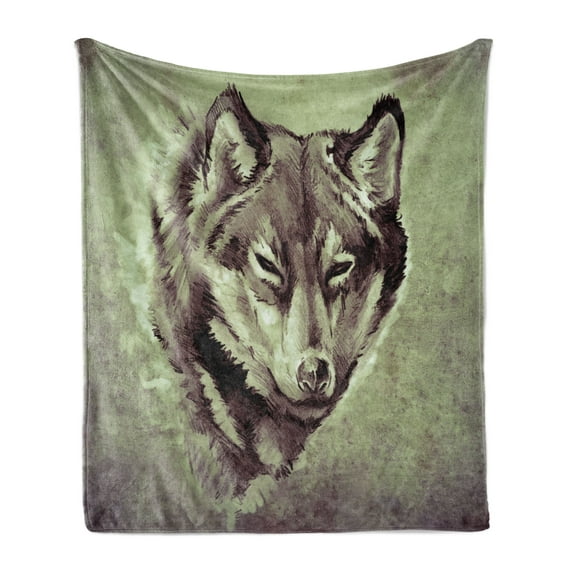 Tattoo Soft Flannel Fleece Blanket, Head of Wolf the Fierce Warrior Big Dog of the Forest Winter Season Theme Image, Cozy Plush for Indoor and Outdoor Use, 70" x 90", White and Black, by Ambesonne