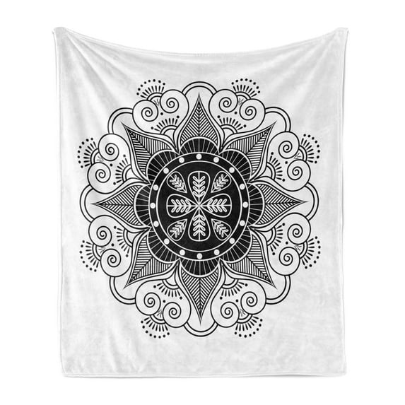 Tattoo Soft Flannel Fleece Blanket, Illustration of Floral Oriental Mandala Style Folk Motifs in Monochrome, Cozy Plush for Indoor and Outdoor Use, 50" x 60", Charcoal Grey and White, by Ambesonne