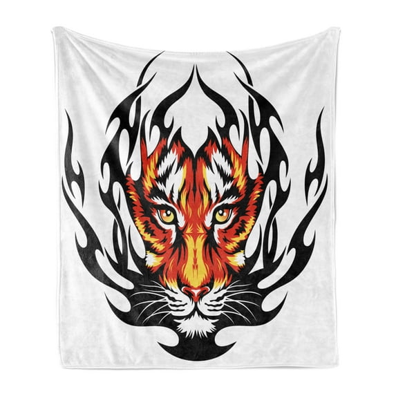 Tattoo Soft Flannel Fleece Blanket, Jungle Prince Tigers Head in Black Frame Looking with Cat Eyes Hunting Print, Cozy Plush for Indoor and Outdoor Use, 60" x 80", Orange and Black, by Ambesonne
