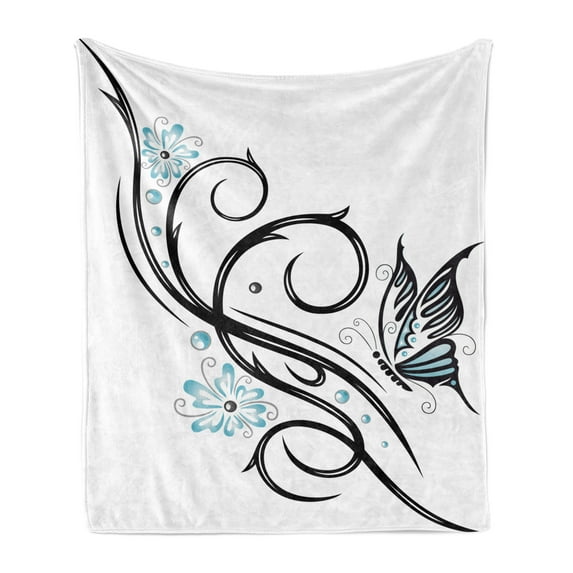 Tattoo Soft Flannel Fleece Blanket, Leaf Like Design Flowers and a Flying Butterfly Image Illustration Print, Cozy Plush for Indoor and Outdoor Use, 50" x 60", Blue Black and White, by Ambesonne