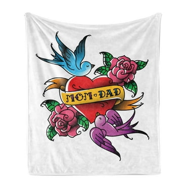 Tattoo Soft Flannel Fleece Throw Blanket, Classic Old Design Mom and Dad Written Ribbon on Heart with Swallow Birds, Cozy Plush for Indoor and Outdoor Use, 50" x 60", Multicolor, by Ambesonne