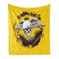 thumbnail image 1 of Tattoo Soft Flannel Fleece Throw Blanket, Death Angel Crowned Skull Drawing Wide Magnificent Feather Wings, Cozy Plush for Indoor and Outdoor Use, 50" x 70", Yellow Black and White, by Ambesonne, 1 of 5